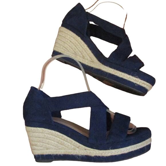 Royal Blue Wedge Espadrille Sandals Size 7 Strappy Open Toe 3in Heel Bohochic - Picture 16 of 16